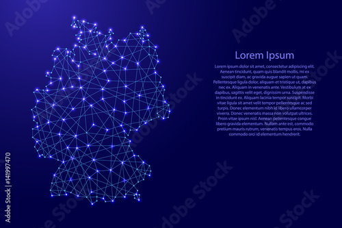 Map of Germany from polygonal blue lines and glowing stars vector illustration
