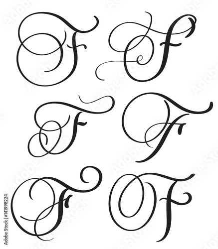set of art calligraphy letter F with flourish of vintage decorative whorls. Vector illustration EPS10