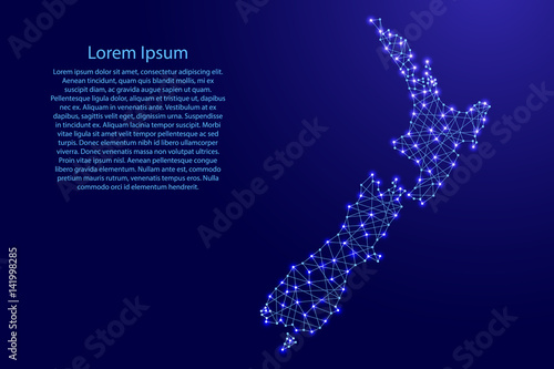 Map of New Zealand from polygonal blue lines and glowing stars vector illustration