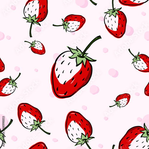 Seamless pattern background with red Strawberry on pink background .Hand drawn Doodle style.vector illustration wallpaper