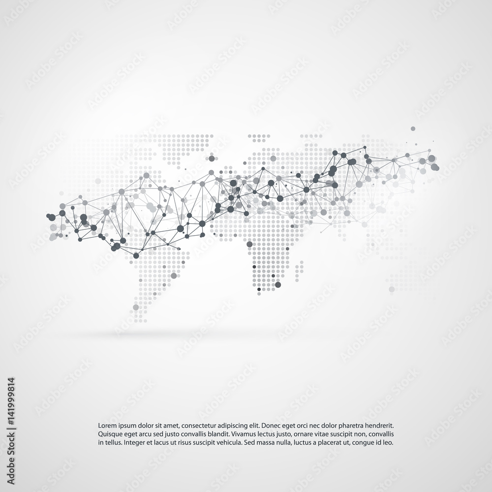 Fototapeta premium Cloud Computing and Networks with World Map - Abstract Global Digital Network Connections, Technology Concept Background, Creative Design Element Template with Transparent Geometric Grey Wire Mesh