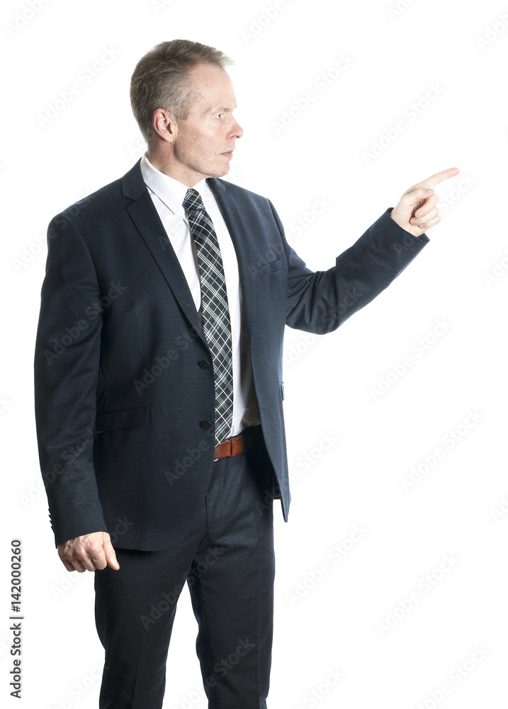Businessman pointing with finger direction. Isolated on white background