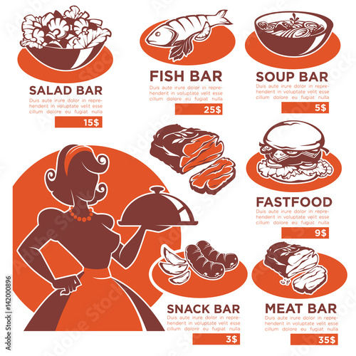 traditional home made food, vector menu template for your cafe and restaurant with retro housewife silhouette and dishes
