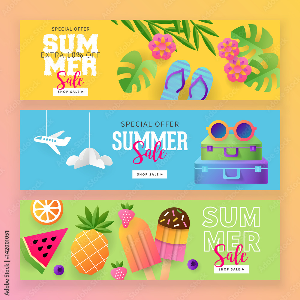 Summer sale banner template set for social media and mobile apps with paper art travel and vacation background. Vector illustration