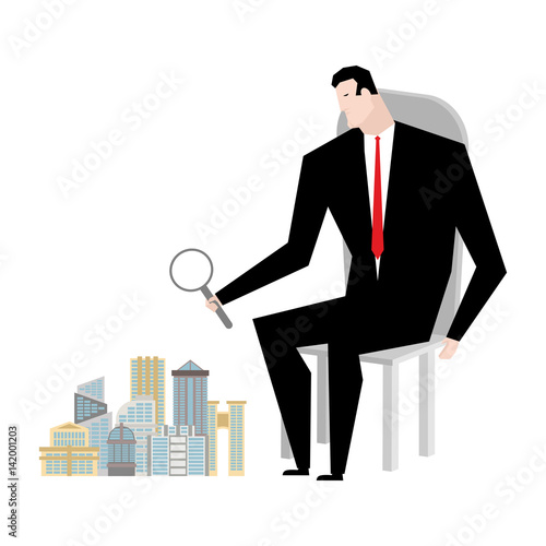 Mayor sees city through magnifying glass. head of town looks at buildings