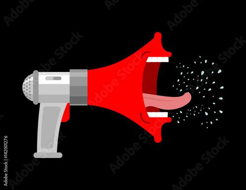Mmouthpiece is open mouth screaming. Megaphone boss isolated. Loudspeaker to scream. Teeth and tongue. Loud screaming. Drooling is flying