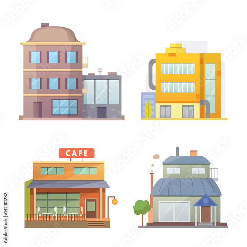 Fototapeta Naklejka Na Ścianę i Meble -  Flat design of retro and modern city houses. Old buildings, skyscrapers. colorful cottage building, cafe house front.