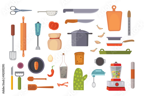 Vector Set Kitchen Utensils. cooking tools flat style. cook equipment isolated objects