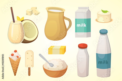 Fresh organic milk products set with cheese, butter, coffee, sour cream and ice cream.