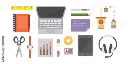 Workplace with mobile devices and documents. Office personal and Business Icons vector set. work table with gadget laptop flat illustration