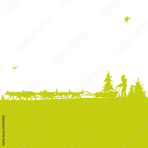 Schlitten und Schlittenhunde  in Schnee und Winterlandschaft 