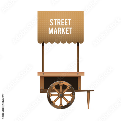 The street market. Wooden cart for market. Vector illustration isolated on white background.