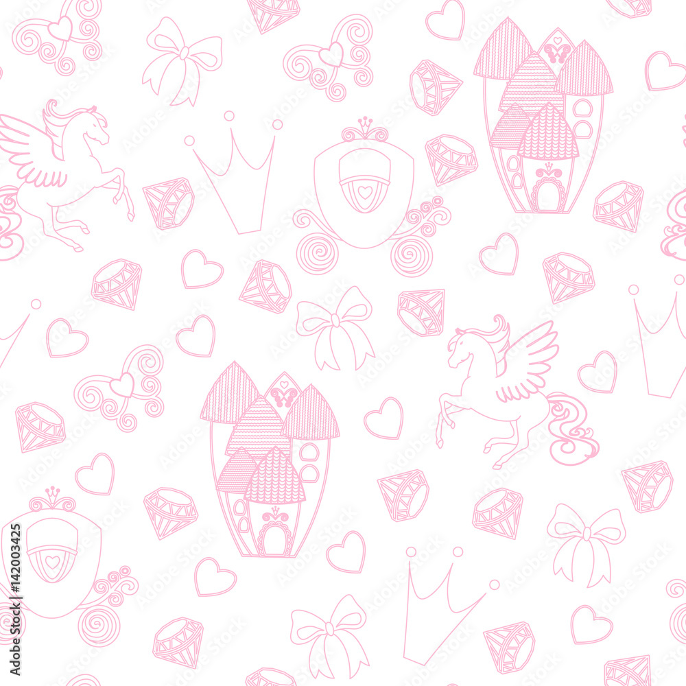 Princess Seamless Pattern for textile with castle, crown, butterfly, diamond. Abstract seamless pattern for girls. Magical Cinderella cute vector seamless pattern with Pegasus, castle, carriage.