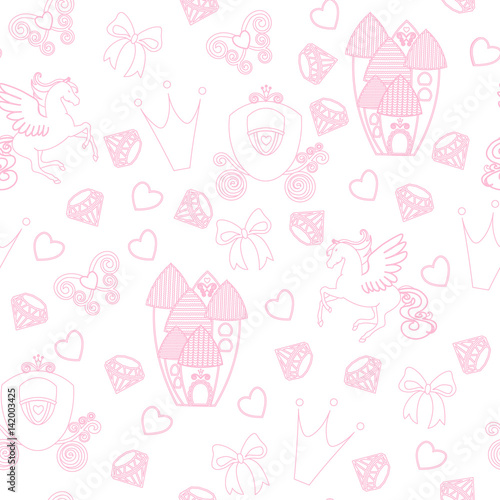 Princess Seamless Pattern for textile with castle, crown, butterfly, diamond. Abstract seamless pattern for girls. Magical Cinderella cute vector seamless pattern with Pegasus, castle, carriage.