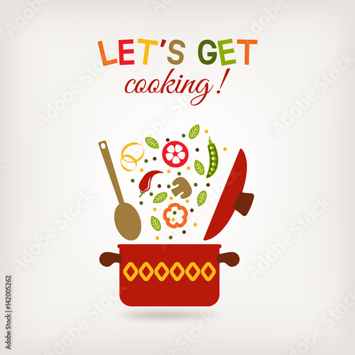 vegetarian menu or recipe book design. pot with vegetables