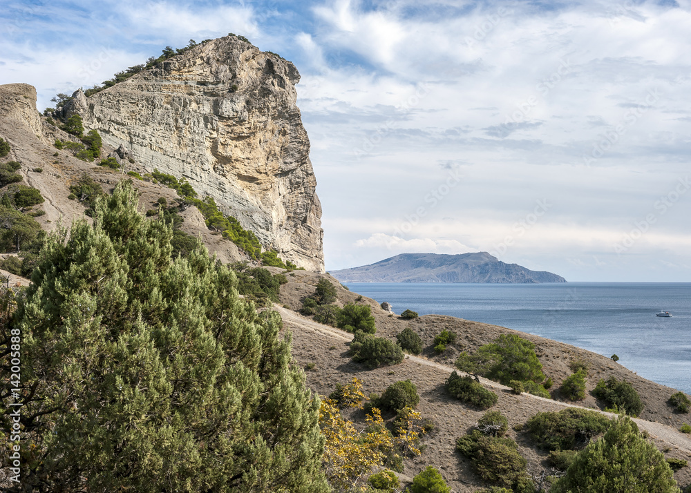 Russia, the Crimean peninsula, the village of Novy Svet surroundings. The territory of the nature reserve with relict pines and junipers. Russia, the Crimean peninsula, the village of Novy Svet surroundings. The territory of the nature reserve with relict pines and junipers.
