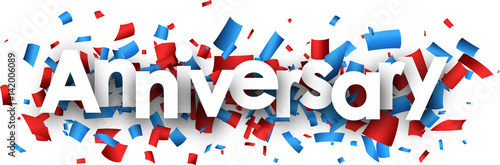 Anniversary banner with colorful confetti.