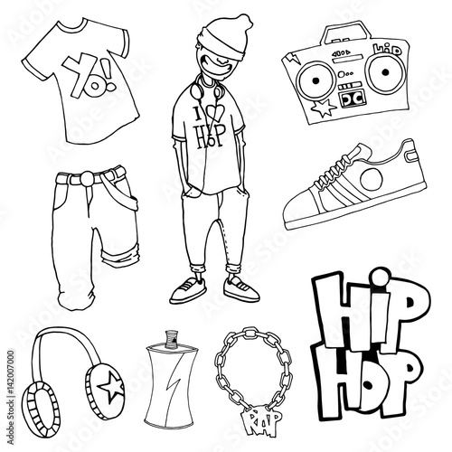 Set themes hip-hop: t-shirt, pants, character, string, shoes, cap, spray, headphones, graffiti. It can be used as posters, printed materials, videos, mobile apps, web sites and print projects.