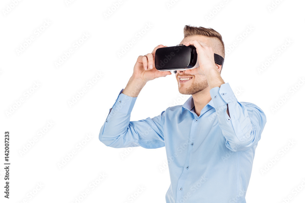 man with virtual glasses. surprised expression
