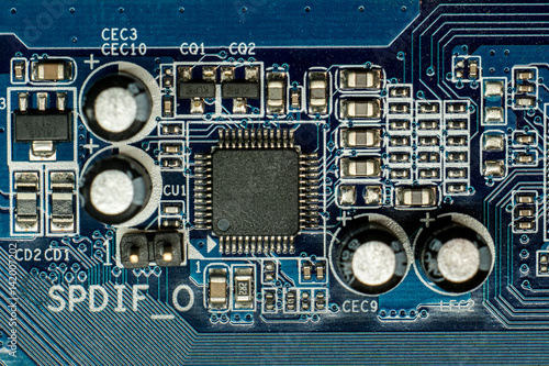 computer blue color motherboard detail