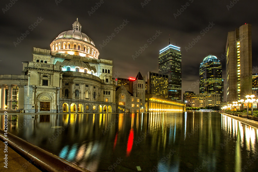 The First Church of Christ, Scientist at Christian Science Plaza at night in Boston, Massachusetts.