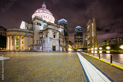 The First Church of Christ, Scientist at Christian Science Plaza at night in Boston, Massachusetts.
