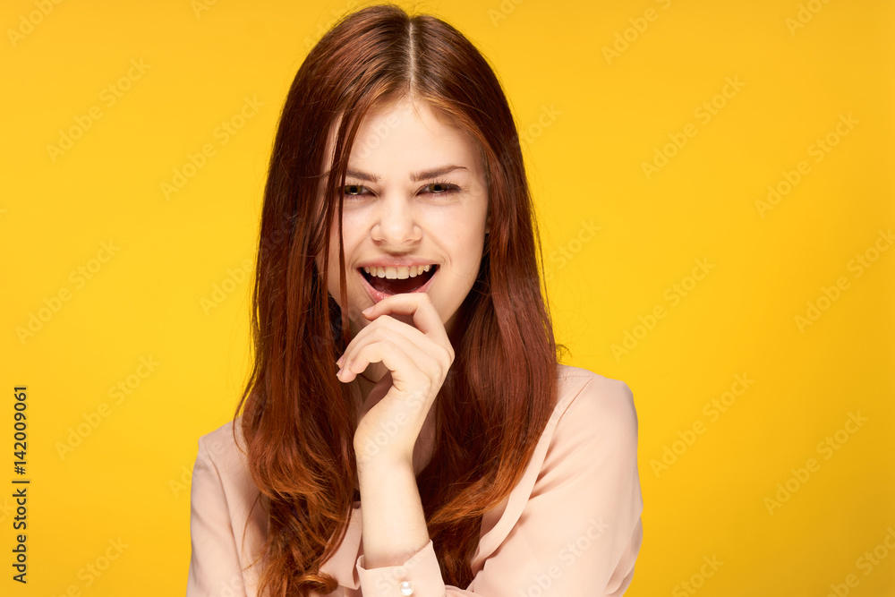 yellow background, happy woman with a beautiful smile yellow background, happy woman with a beautiful smile