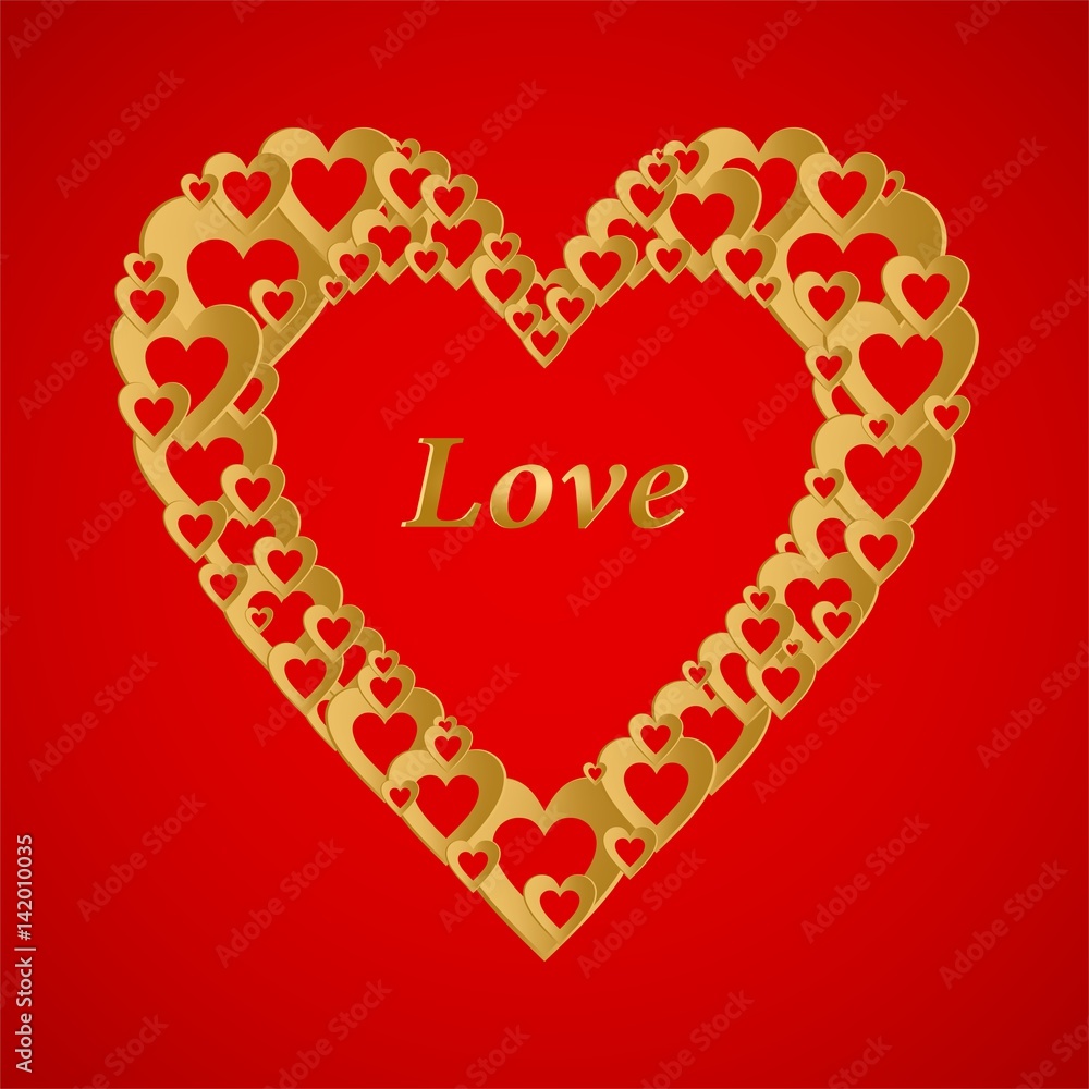 Large gold Valentine hearts composed of small colored hearts with the word love in the middle on a red background. Large gold Valentine hearts composed of small colored hearts with the word love in the middle on a red background.