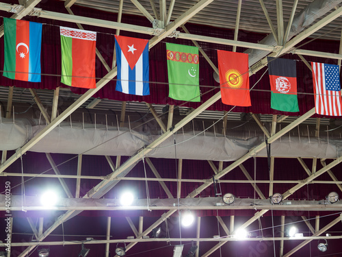 Flags of different countries hang over the sports arena