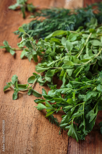 Spicy herb marjoram on a wooden table