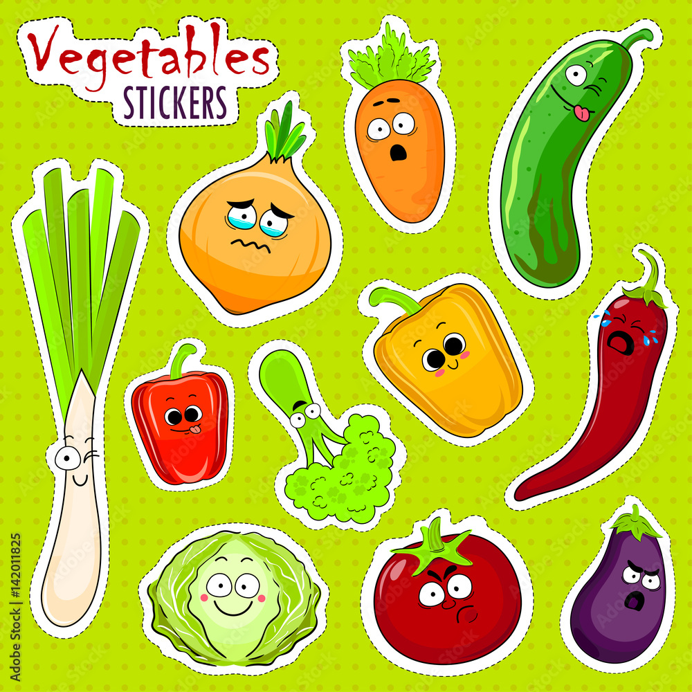 Cartoon vegetable cute characters face isolated vector illustration. Funny  vegetable face icon vector collection. Cartoon face food emoji. Vegetable  emoticon. Funny food stickers. Stock Vector | Adobe Stock