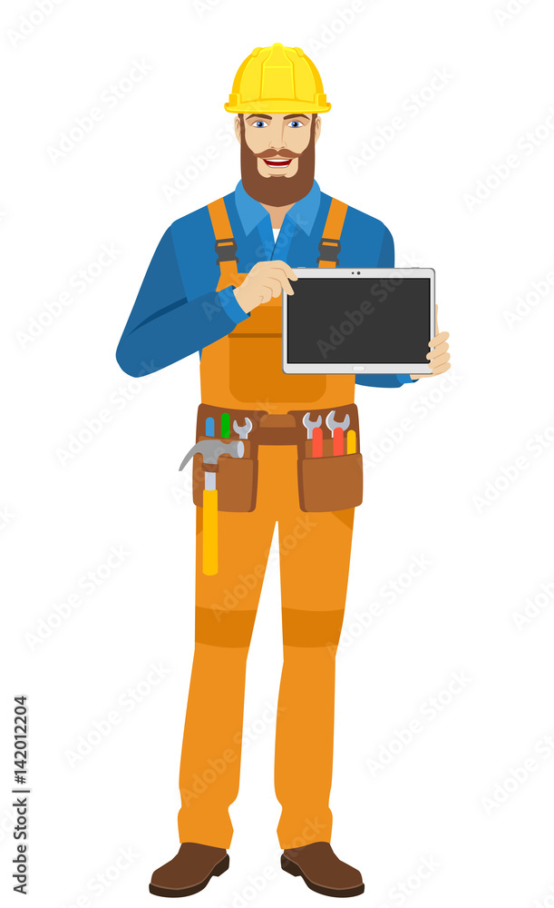 Worker showing blank digital tablet PC