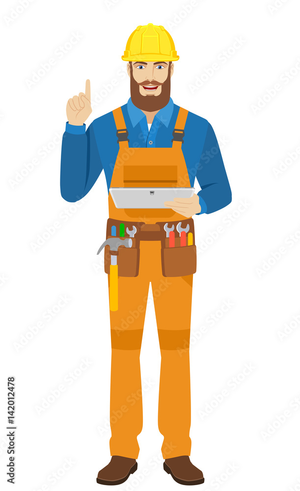 Worker holding digital tablet PC and pointing up Worker holding digital tablet PC and pointing up