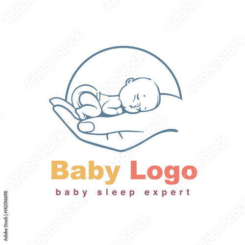 Baby logo template. Baby sleeping on hand. Concept of baby care, safety, parenting, in vitro fertilization. Emblem for sleep training center, Sign for sleep expert. Line art vector illustration. all