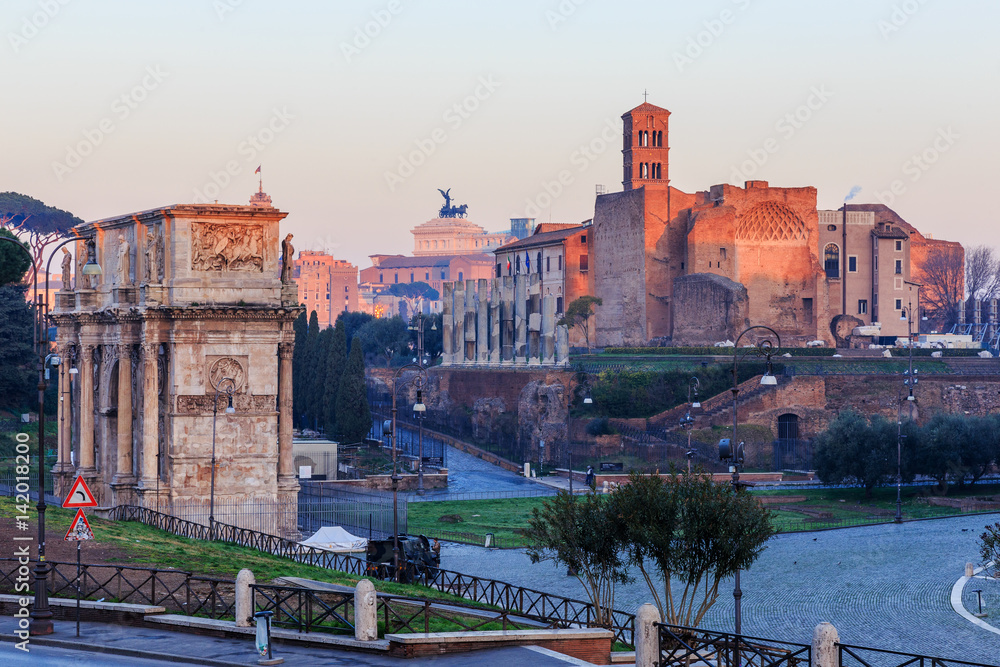 Italy, Rome, forums, early morning, tourists yet nobody, the blue sky, a fragment