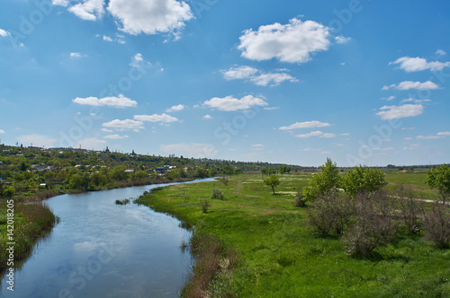 summer landscape with river and blue sky