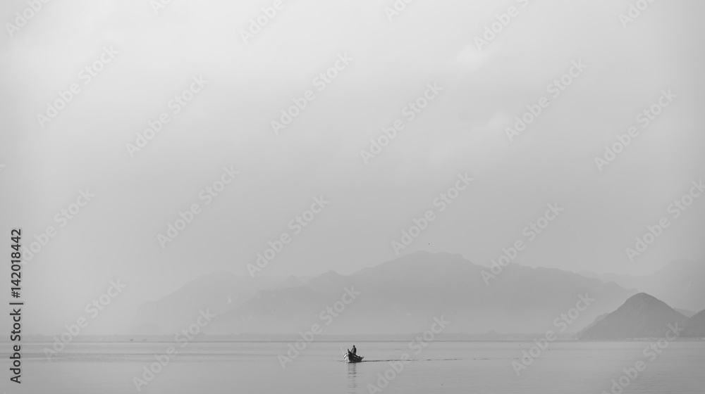 Alone picture, minimal of single boat on the sea