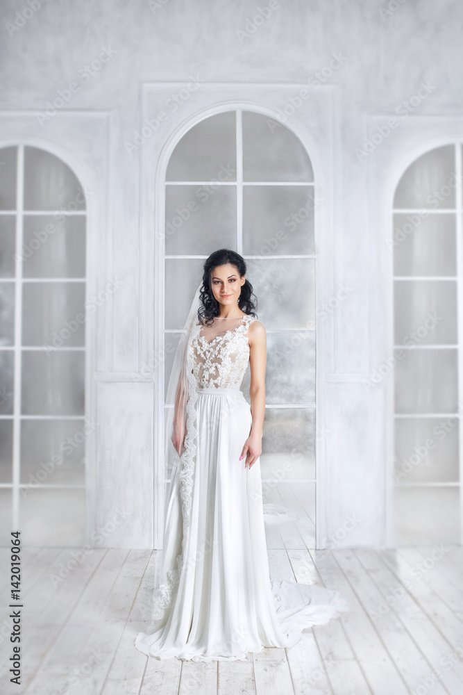 Obraz premium Beauty portrait of bride wearing fashion wedding dress with feathers with luxury delight make-up and hairstyle, studio indoor photo. 
