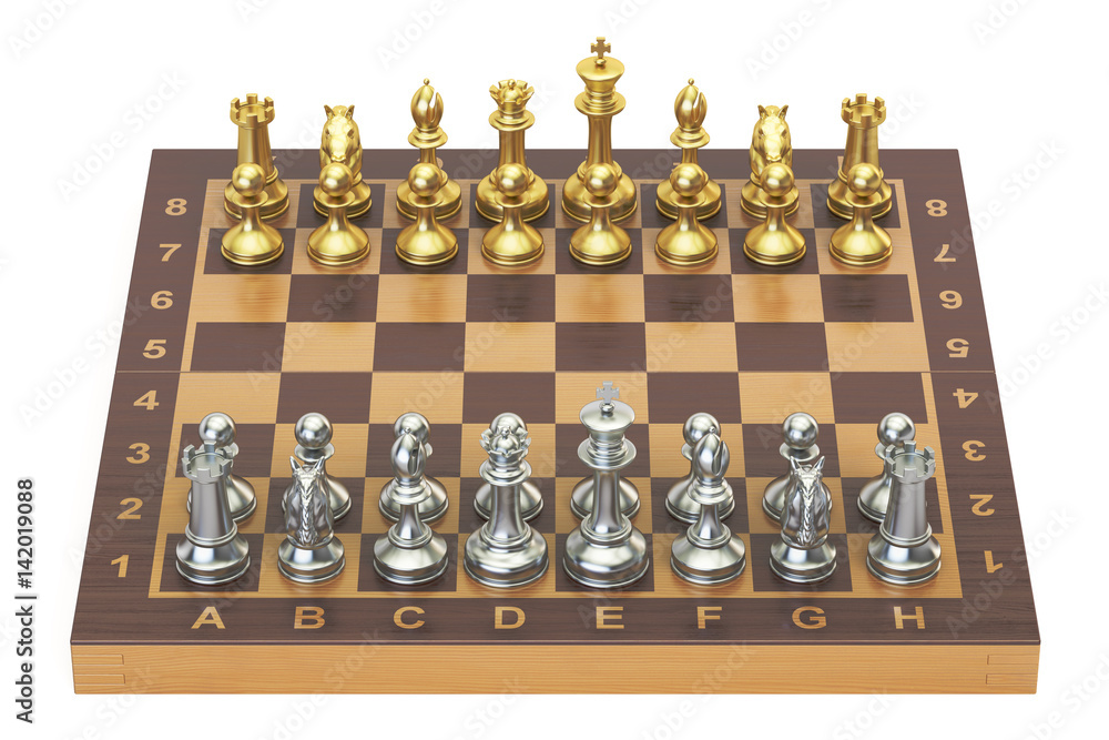 Chess board with gold and silver figures, top view. 3D rendering Chess board with gold and silver figures, top view. 3D rendering