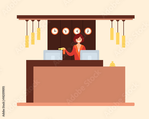Woman receptionist holds the key to the hotel room. Vector illustration