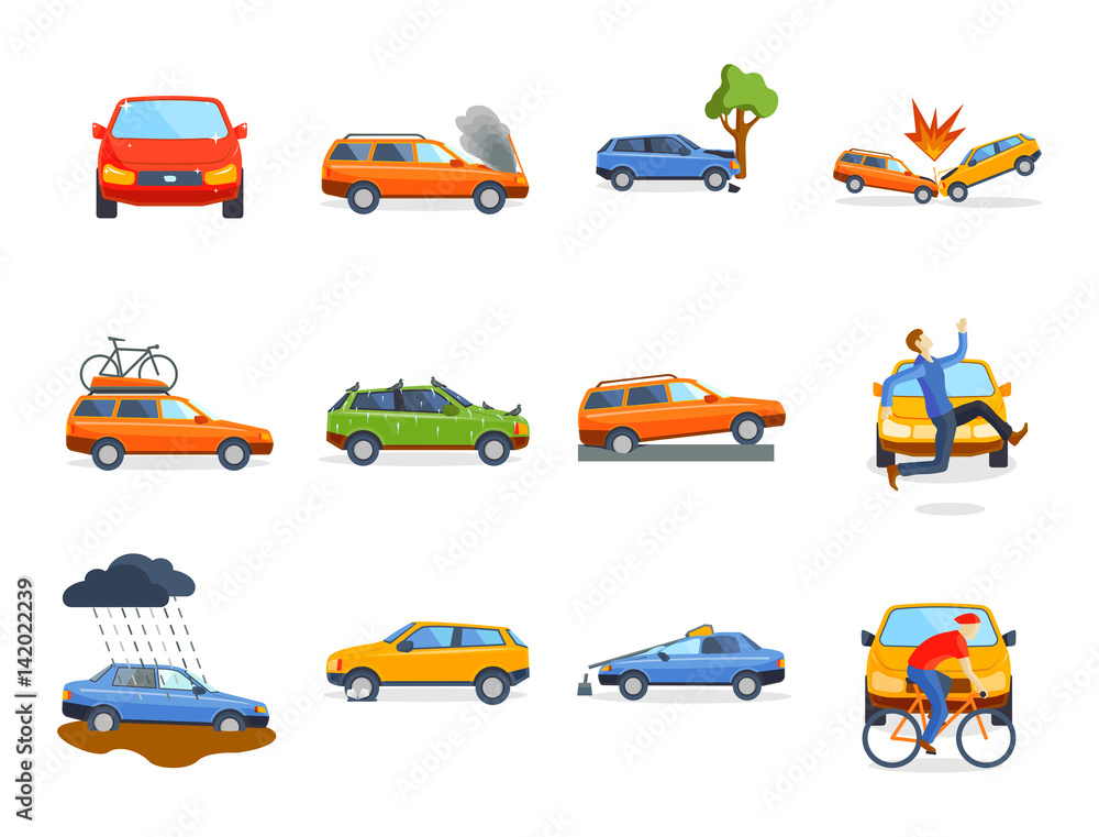 Naklejka premium Car crash collision traffic insurance safety automobile emergency disaster and emergency disaster speed repair transport vector illustration.