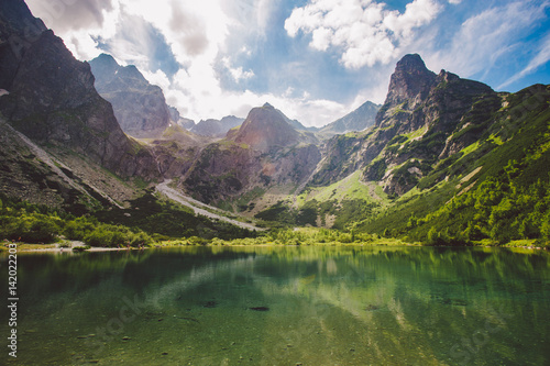 Panoramic view of green water Morskie Oko lake  Tatra Mountains 