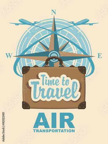 vector banner with a travel suitcase and passenger planes against the backdrop of the compass Windrose, the inscriptions time to travel
