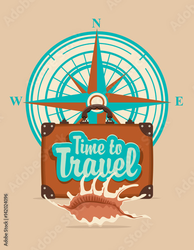 Vector banner with a suitcase, seashell on a tourist theme against the backdrop of the compass Windrose, the inscriptions time to travel