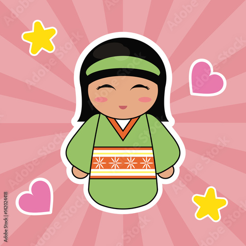 kokeshi doll cute hearts background vector illustration eps 10