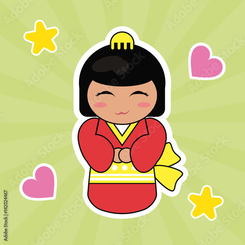 kokeshi doll cute hearts background vector illustration eps 10