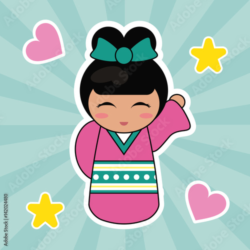 kokeshi doll cute hearts background vector illustration eps 10