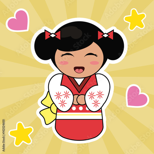 kokeshi doll cute hearts background vector illustration eps 10