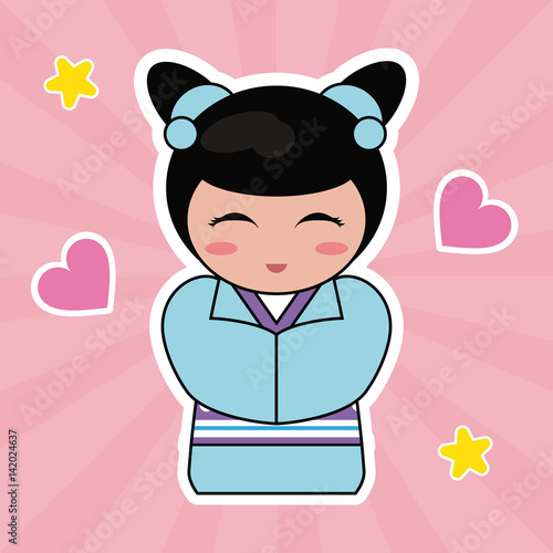 kokeshi doll cute hearts background vector illustration eps 10