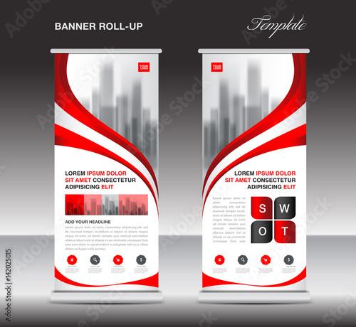 Red Roll up banner, stand template, poster, display, advertisement, banner design, vector